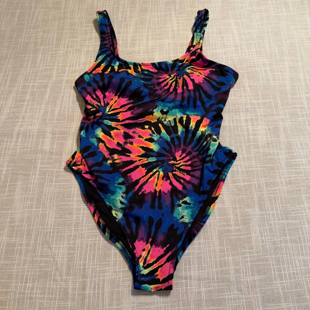 PINK Victoria's Secret Active Tie Dye One Piece Swimsuit Neon Black Large